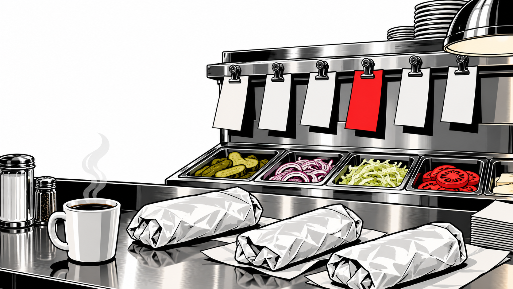 Illustration of a deli counter with order tickets clipped on a rail above wrapped sandwiches and a coffee cup