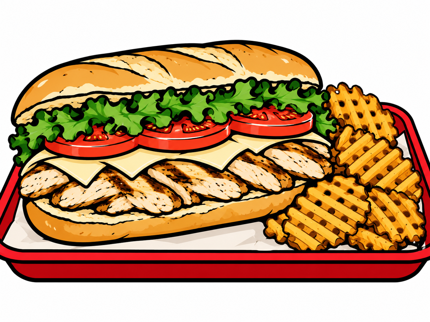 Illustration of a stacked deli hero sandwich cross-section on a red tray with waffle fries